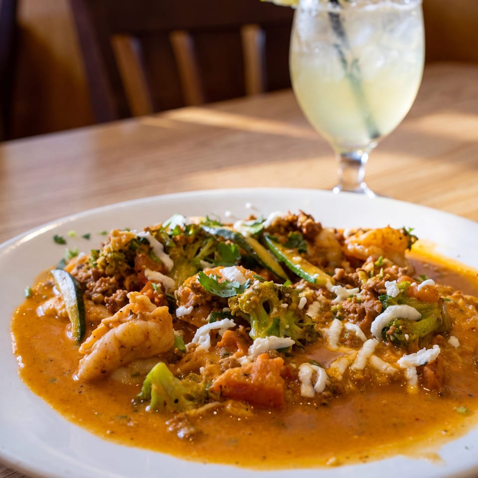 Creamy curry with ground meat, shrimp, vegetables, herbs, and cheese served beside a lime-garnished drink.