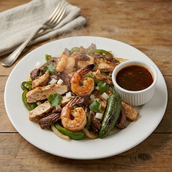 Steaming fajitas with shrimp, chicken, beef, peppers, onions, and a side of sauce.
