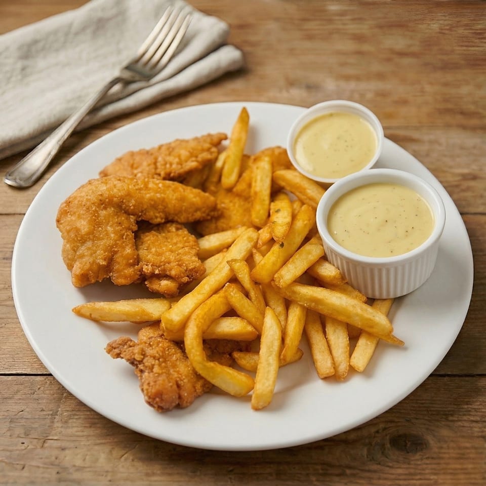 Crispy chicken tenders and golden french fries on a white plate with two dipping sauces.
