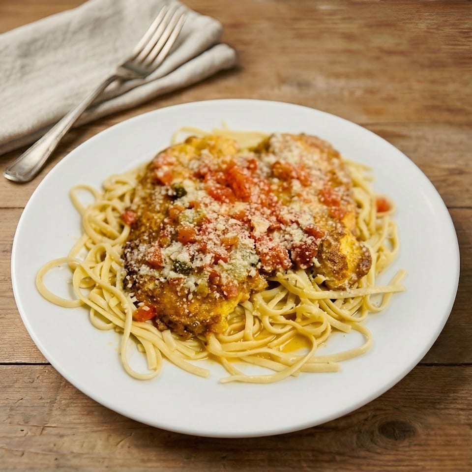 Chicken parmesan with linguine pasta, topped with tomato sauce and grated cheese on a white plate.