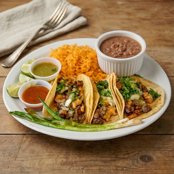 Three tacos with meat, onions, and cilantro, served with rice, beans, sauces, and limes.