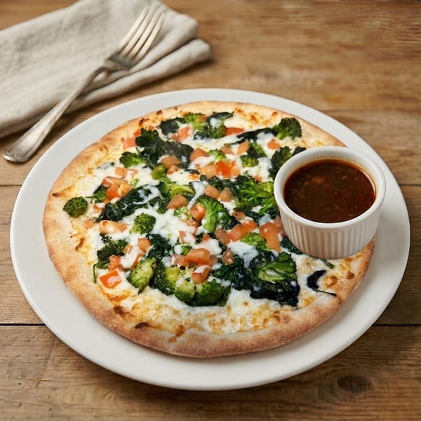 A white pizza with broccoli, spinach, and diced tomatoes, served with a side of dipping sauce.