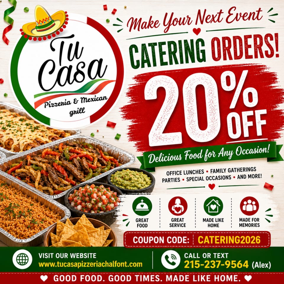 Tu Casa Pizzeria & Mexican Grill catering advertisement with various Mexican dishes and a 20% off offer.