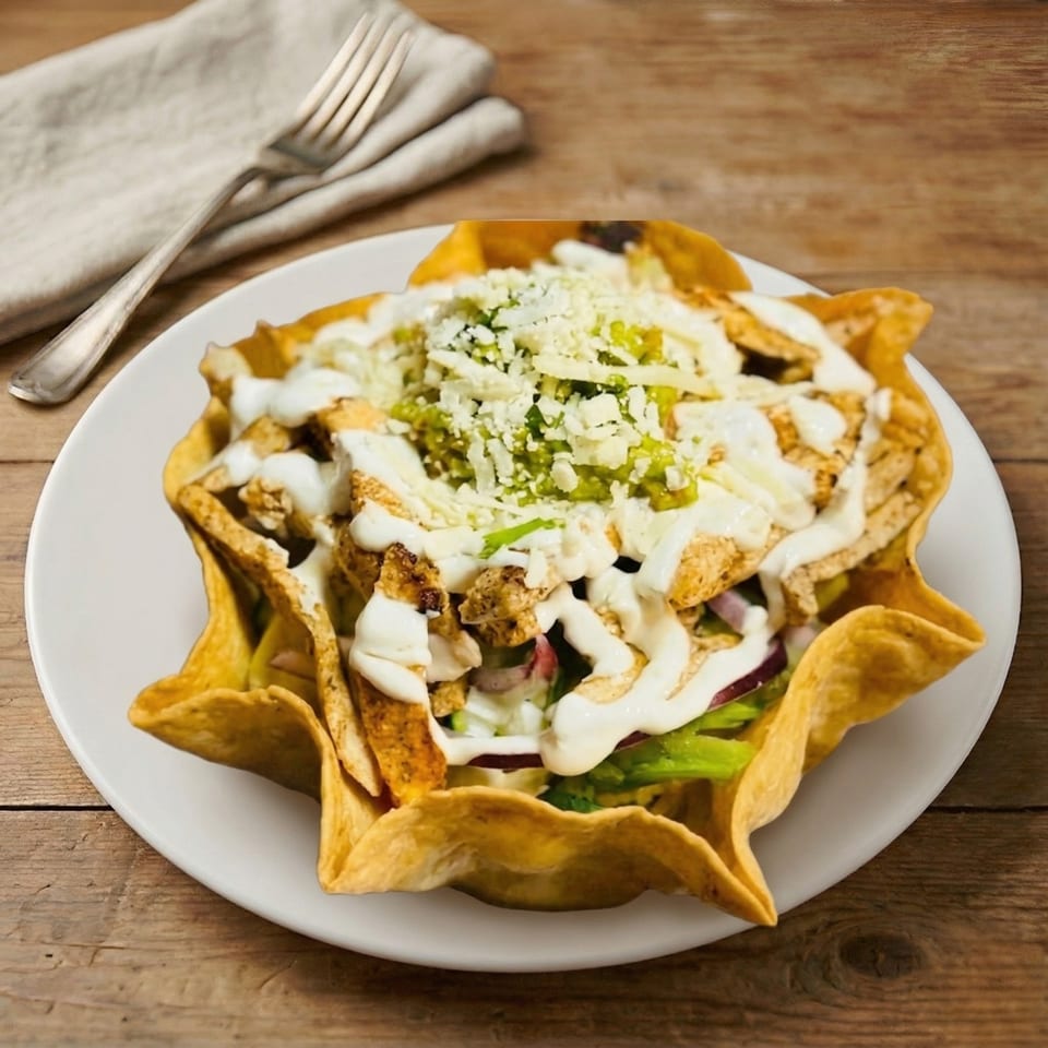 Chicken taco salad in a crispy tortilla bowl, topped with cheese, guacamole, and sour cream.