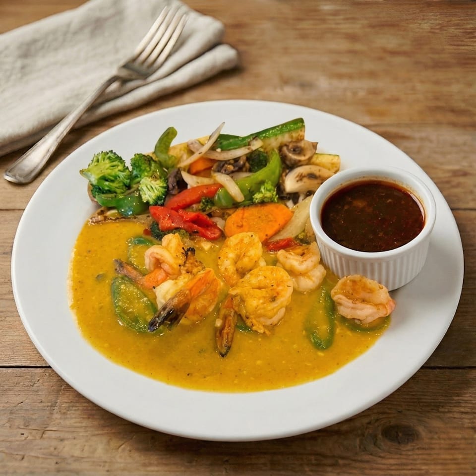 Shrimp in yellow curry sauce with mixed vegetables and a side of dark dipping sauce.