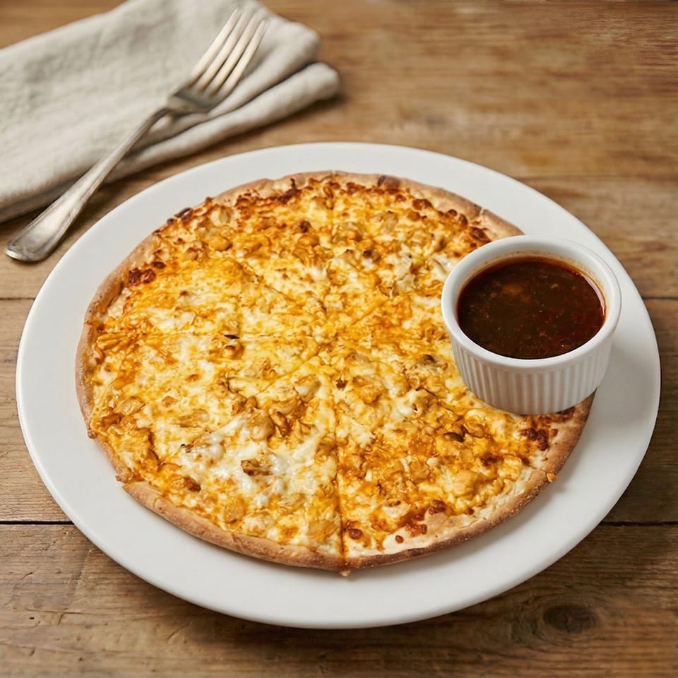 A round, cheesy flatbread with chicken pieces and a side of dark dipping sauce on a white plate.