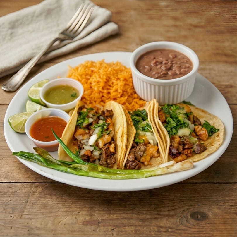 Three tacos with meat, onions, and cilantro, served with rice, beans, sauces, limes, and grilled green onions.