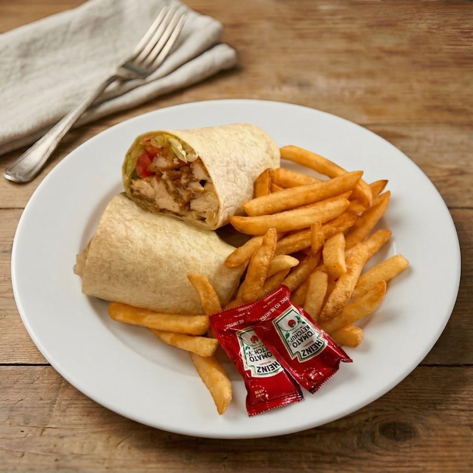 Chicken wrap cut in half, served with golden french fries and two ketchup packets on a white plate.
